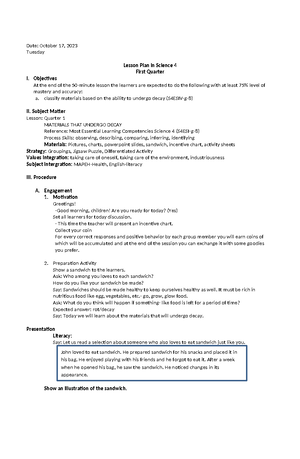 Lesson plan in science - Objectives At the end of the 50-minute lesson ...
