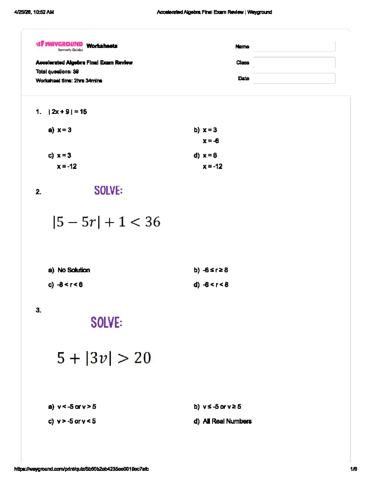 Accelerated Algebra Final Exam Review (WAYGROUND) - Studocu