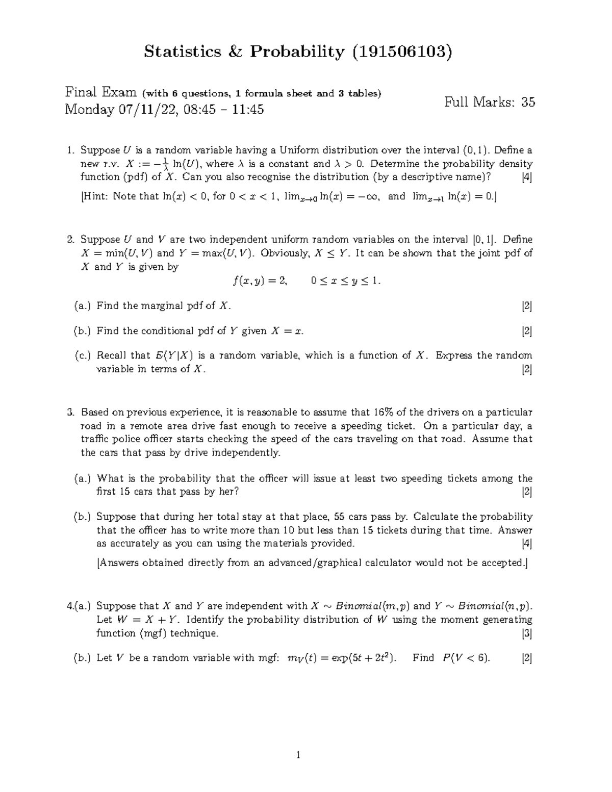 Statistics & Probability (191506103) Final Exam Resit 2022 - Studeersnel