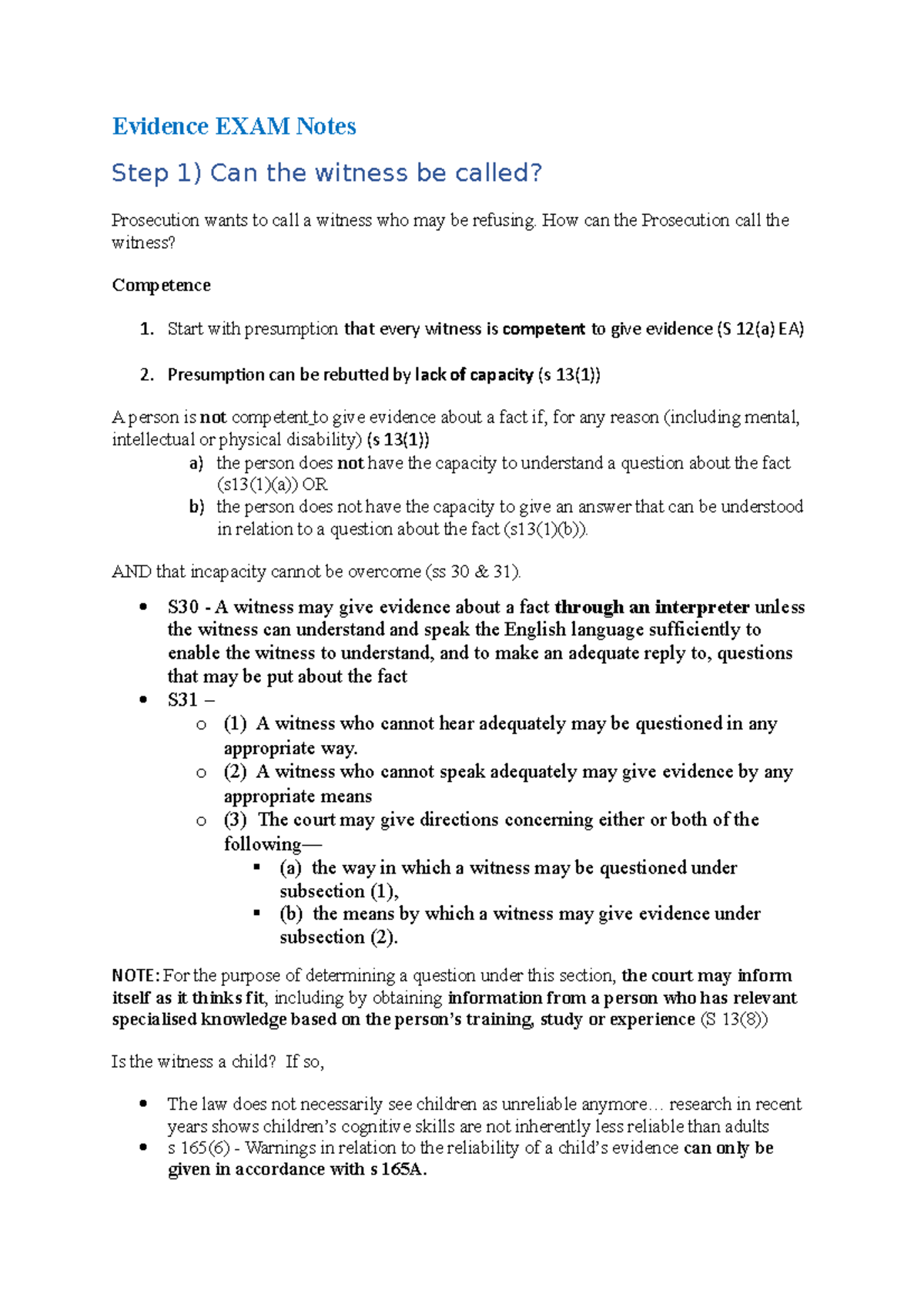 Evidence Exam Study Notes: Witness Competence & Hearsay Rules - Studocu