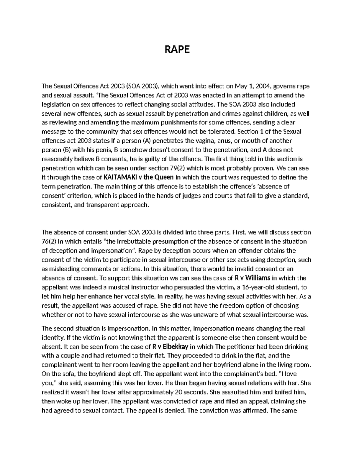 RAPE - Essay on the Sexual Offences Act 2003 (SOA 2003) - Studocu