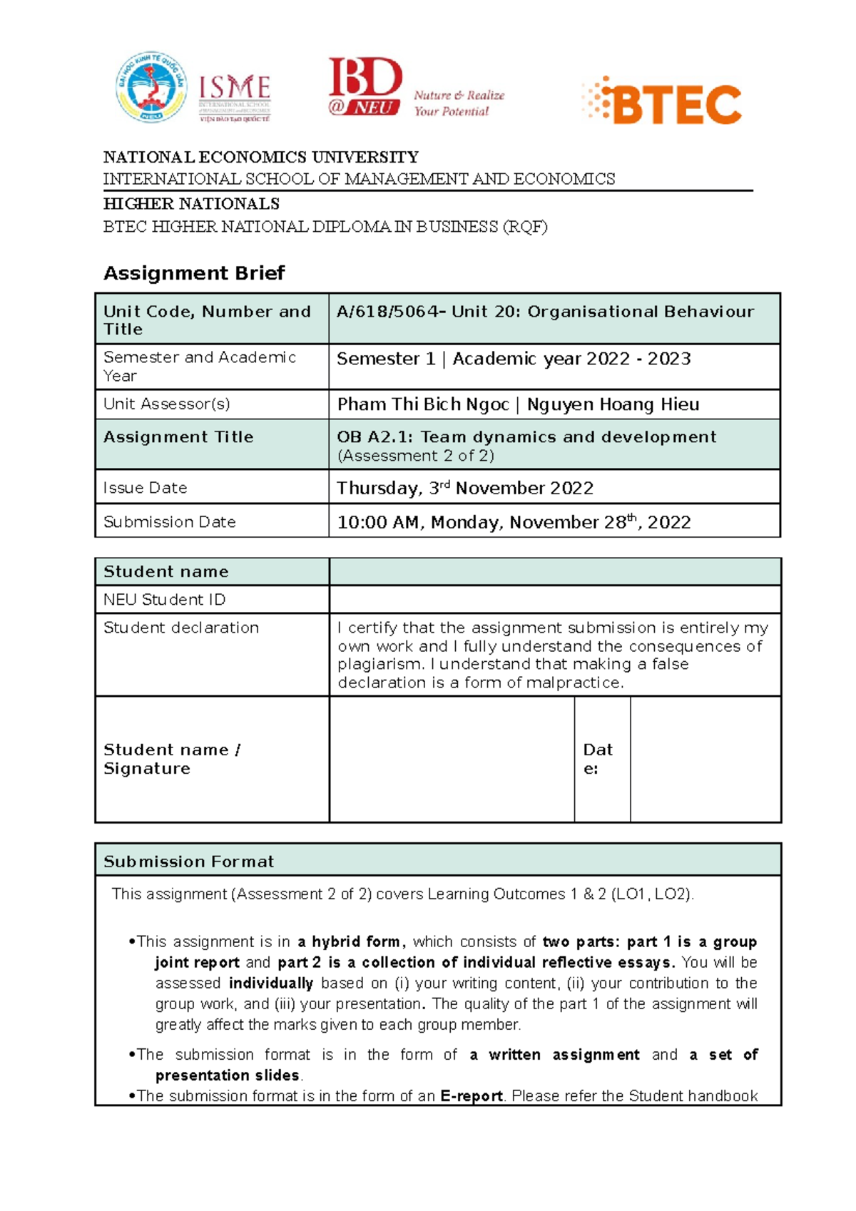OB - Assignment Brief 2.1 - New form - NATIONAL ECONOMICS UNIVERSITY ...