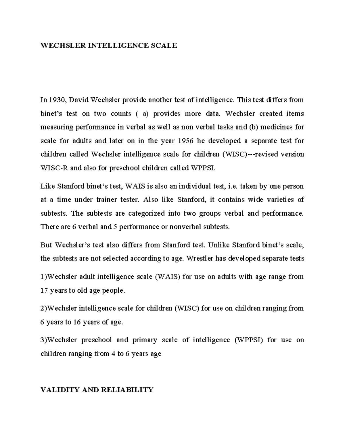 Wechsler Intelligence Scale Overview: Key Concepts and Analysis - Studocu