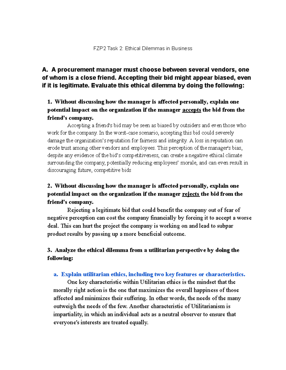 FZP2 Task 2: Analyzing Ethical Dilemmas in Business Ethics C717 - Studocu