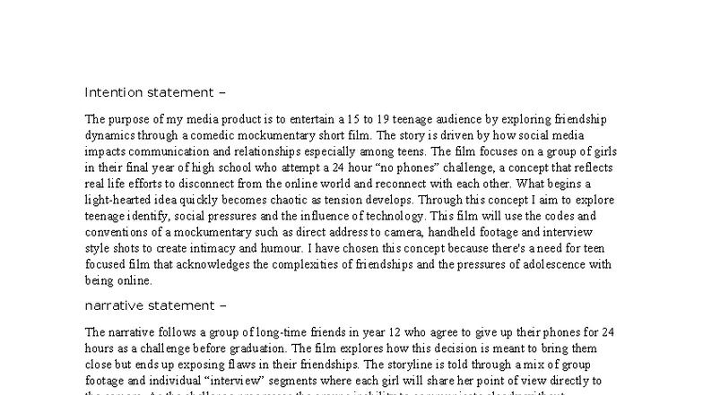 Media Statements - Final for Mockumentary Film on Teen Friendships ...