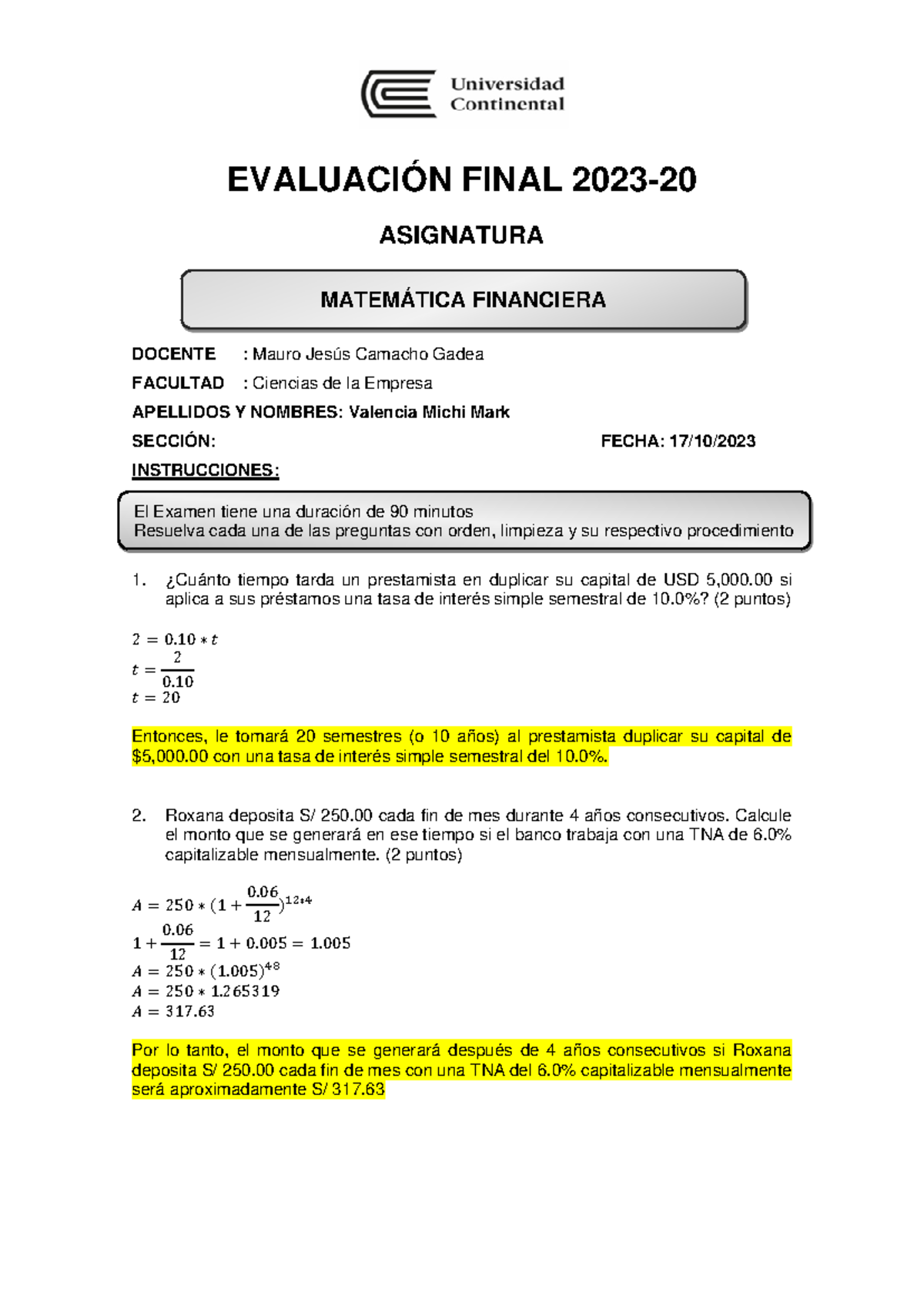 Examen Final MF 2023-20: Matemáticas Financieras y Procedimientos - Document Preview
