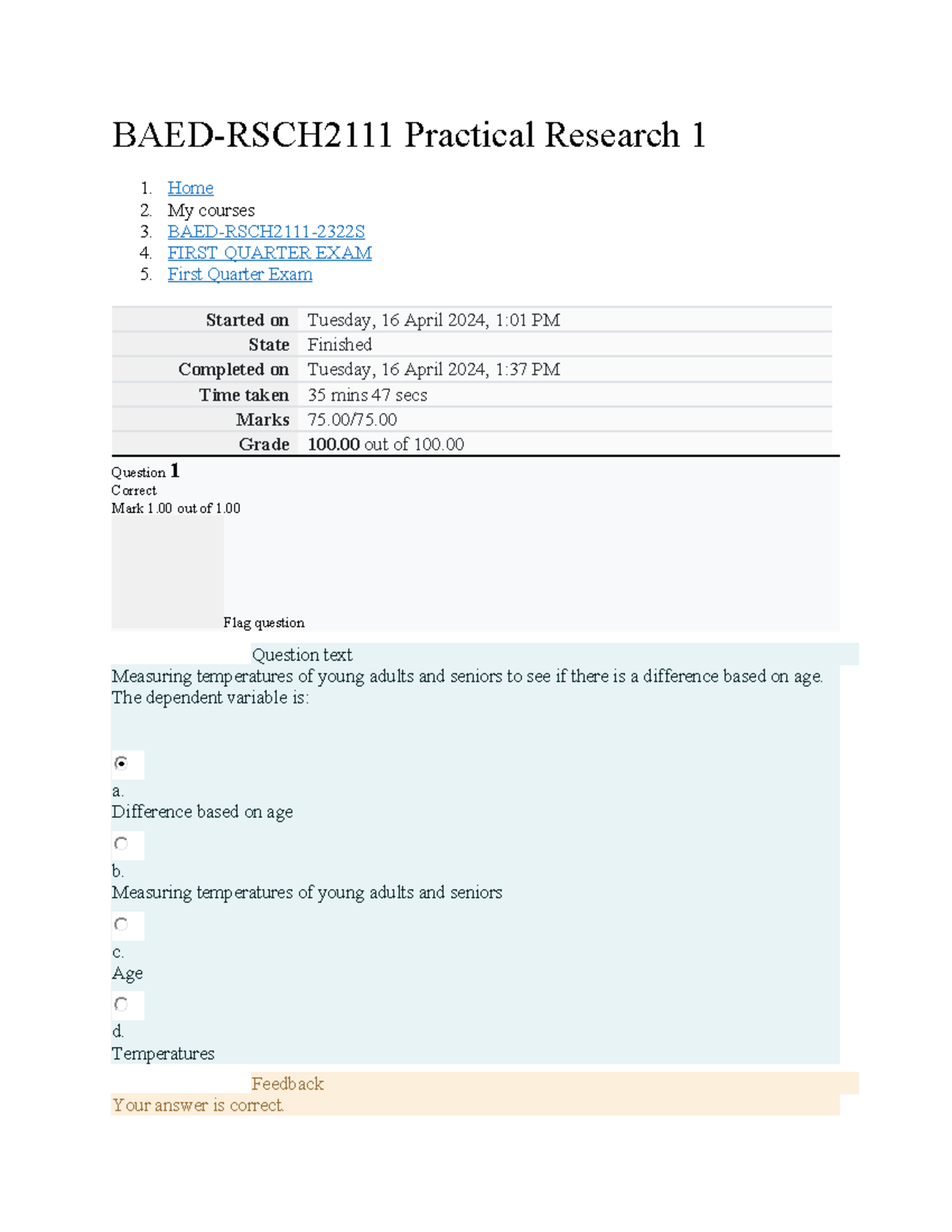 BAED-RSCH2111 Practical Research 1 1st Quarter Exam Report - Studocu