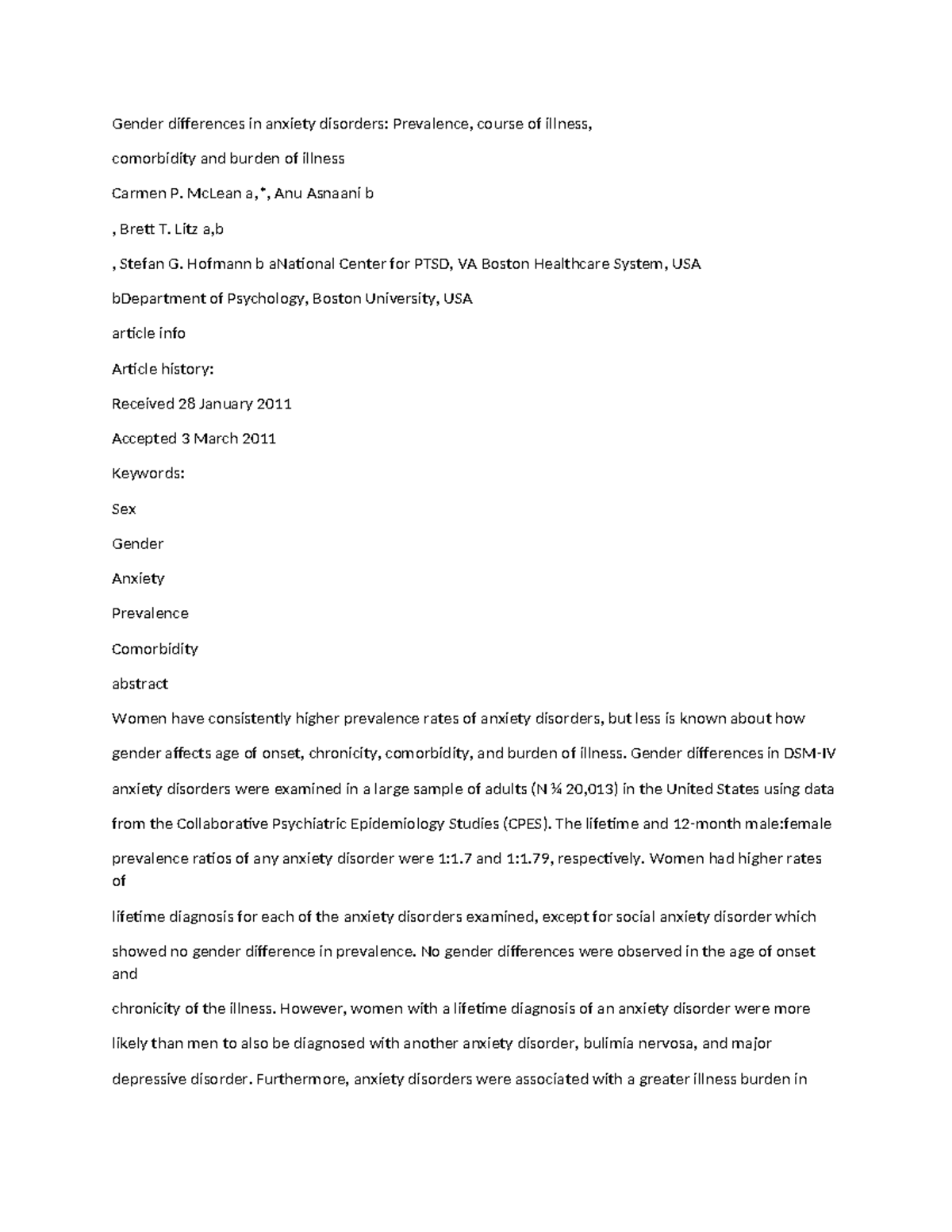 CPES Study on Gender Differences in Anxiety Disorders: Prevalence ...