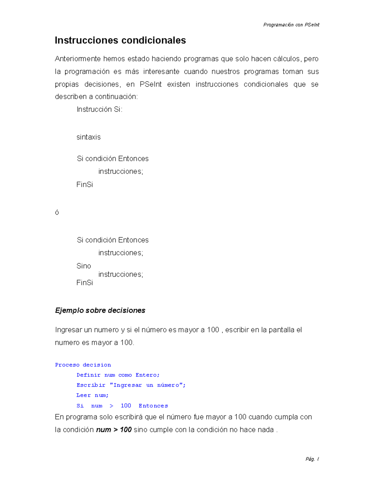 Programación con PSeInt: Instrucciones Condicionales y Ciclos - Studocu