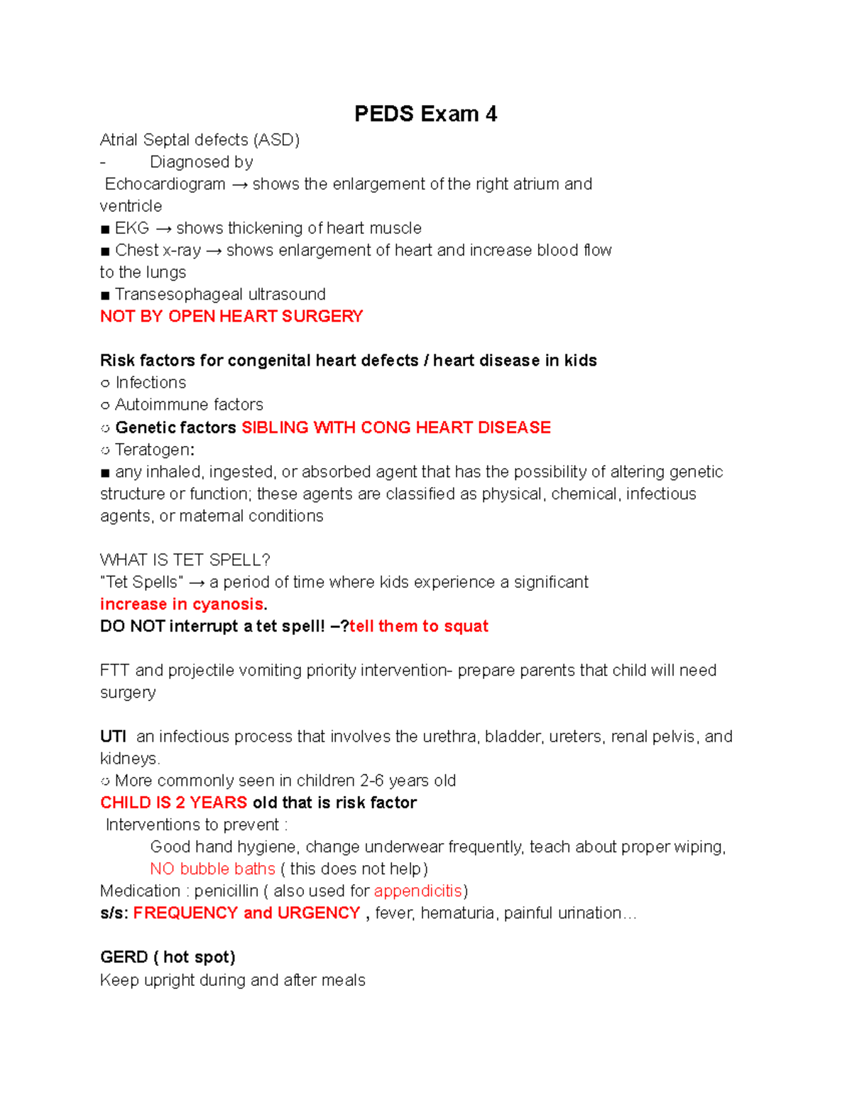 PEDS Exam 4 - Exam 4 - PEDS Exam 4 Atrial Septal defects (ASD ...