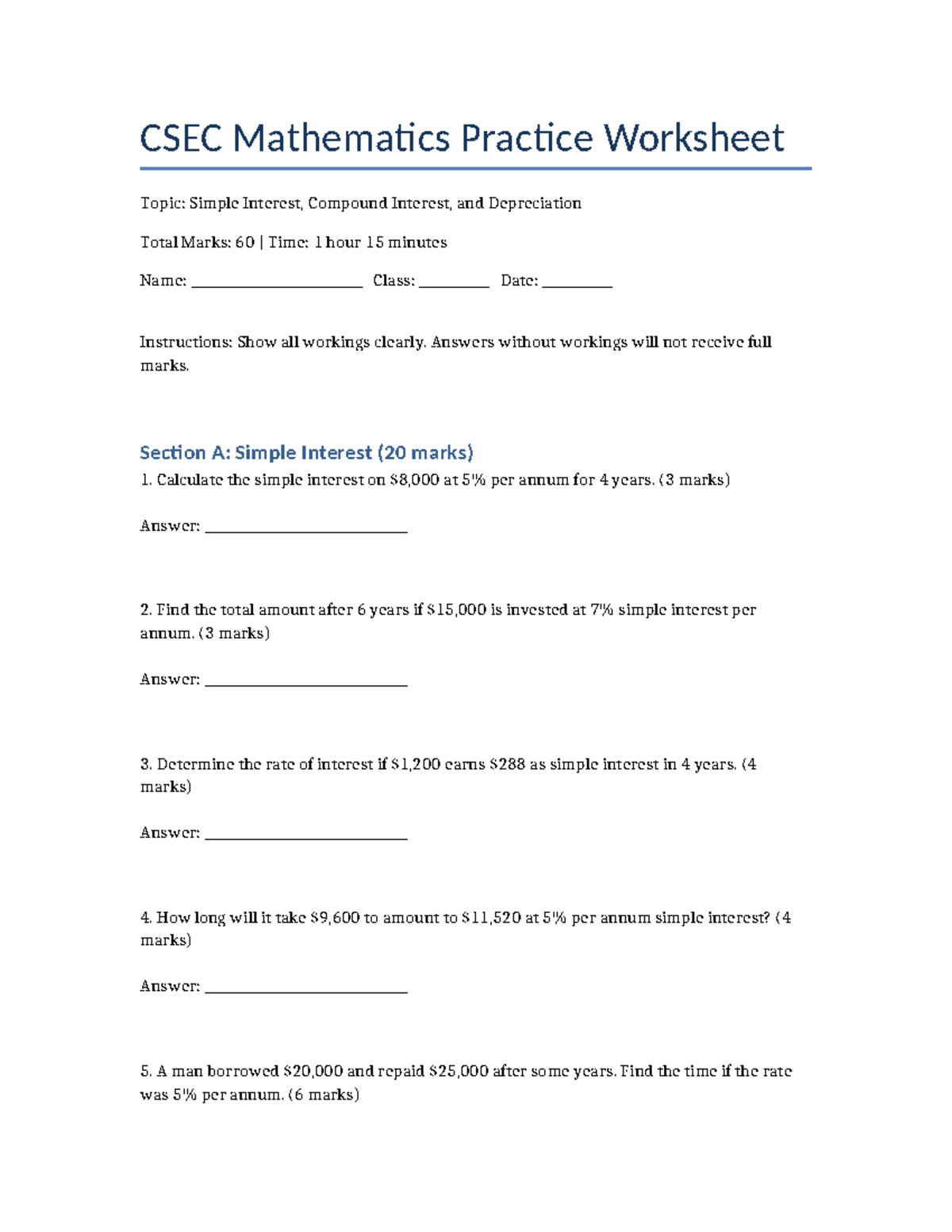 CSEC Math Practice Worksheet: Simple & Compound Interest, Depreciation ...