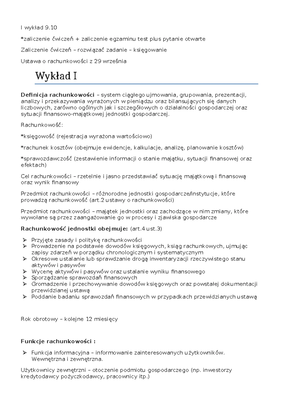 Rachunkowosc - I wykład 9. *zaliczenie ćwiczeń + zaliczenie egzaminu ...