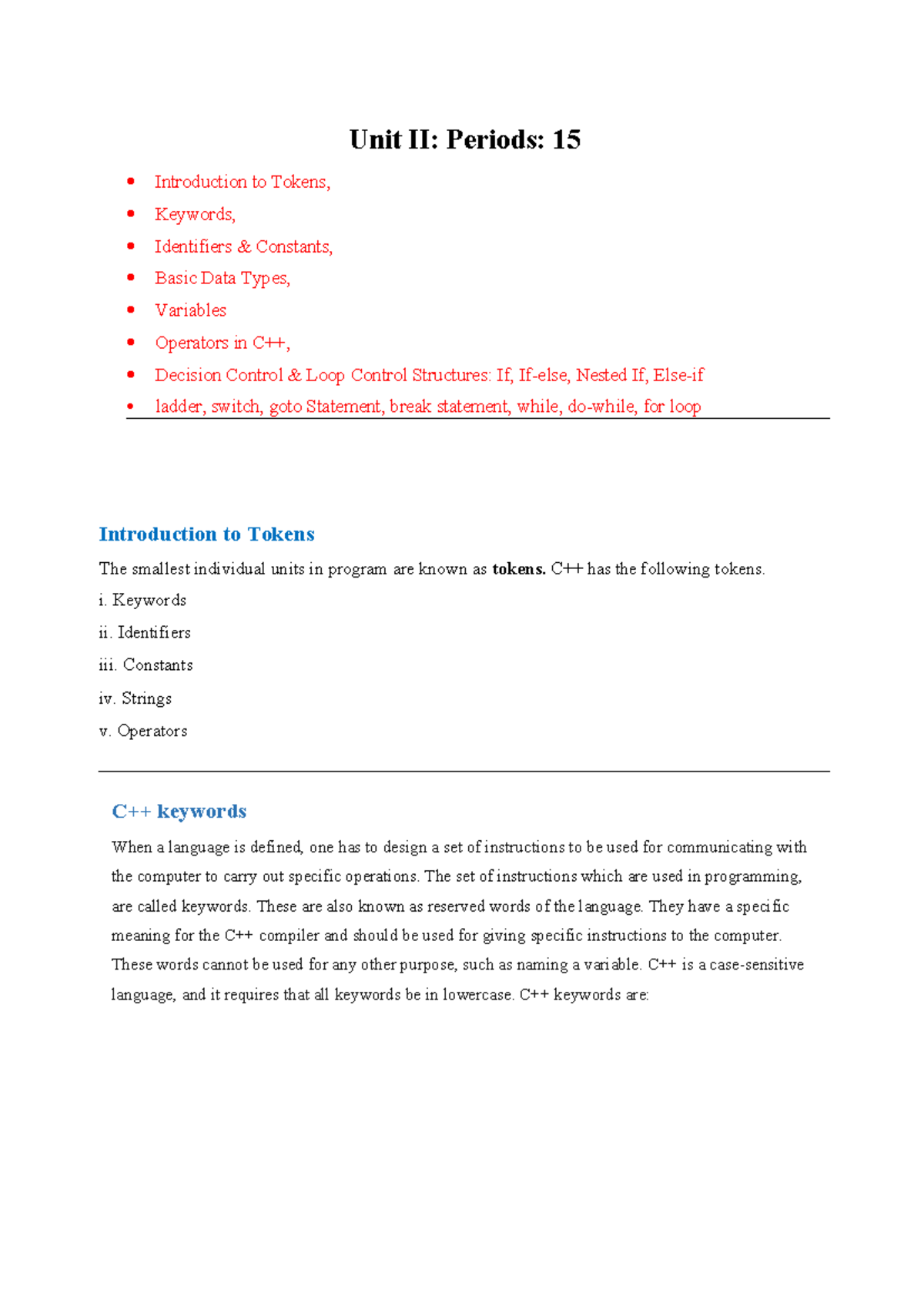 Unit II: C++ Basics - Tokens, Keywords, Data Types & Control Structures ...