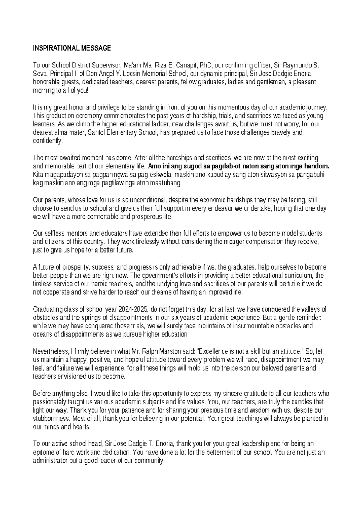 Inspirational Graduation Message for Santol Elementary School - Studocu