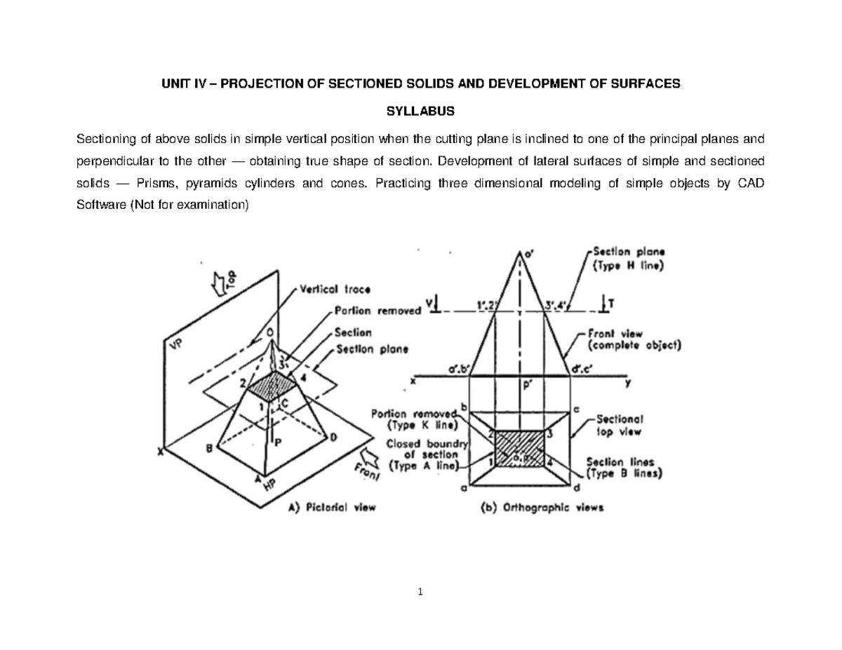 UNIT IV Projection OF Sectioned Solids AND Development OF Surfaces ...