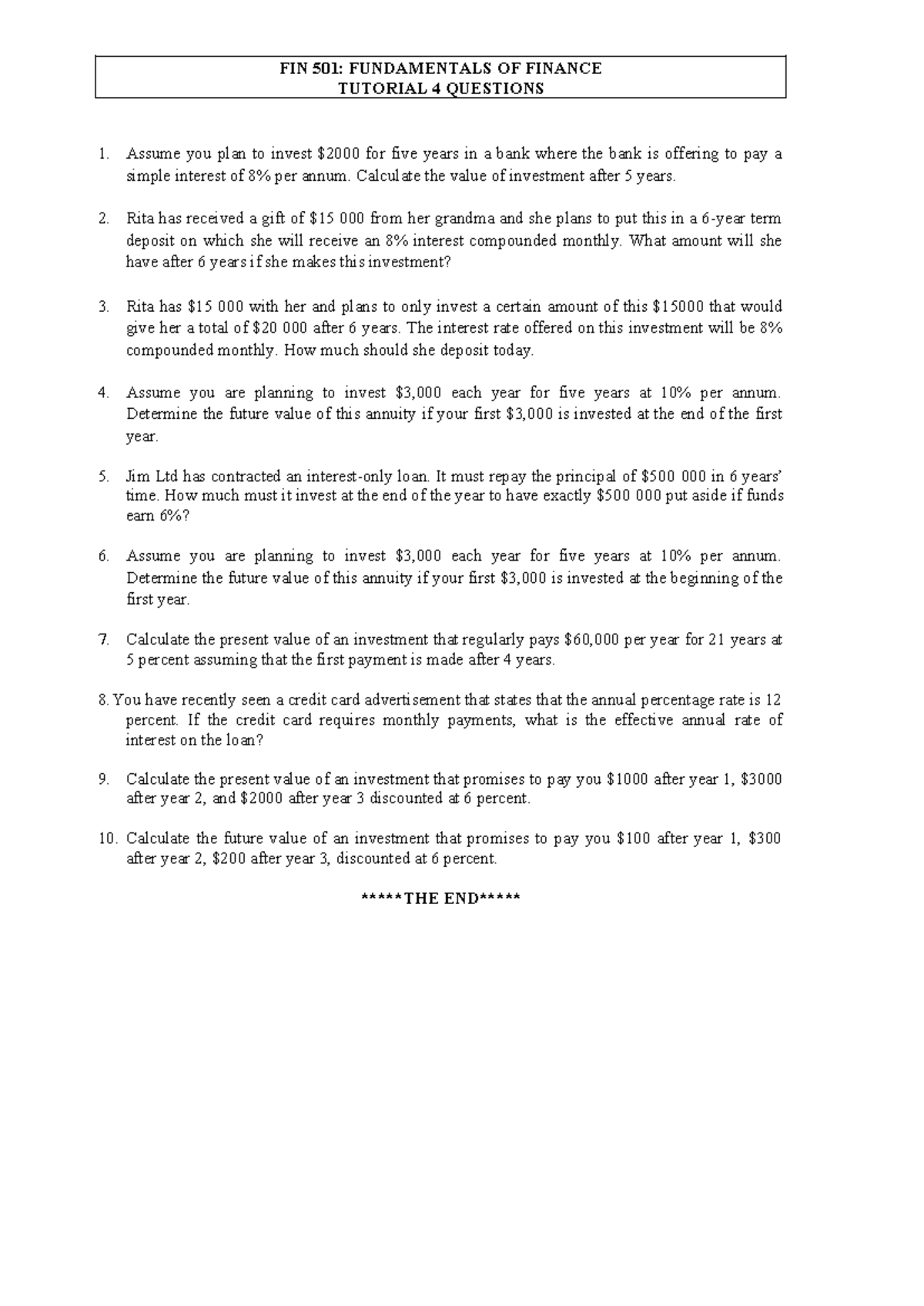 Tutorial 4 Questions - hhhh - FIN 501: FUNDAMENTALS OF FINANCE TUTORIAL ...