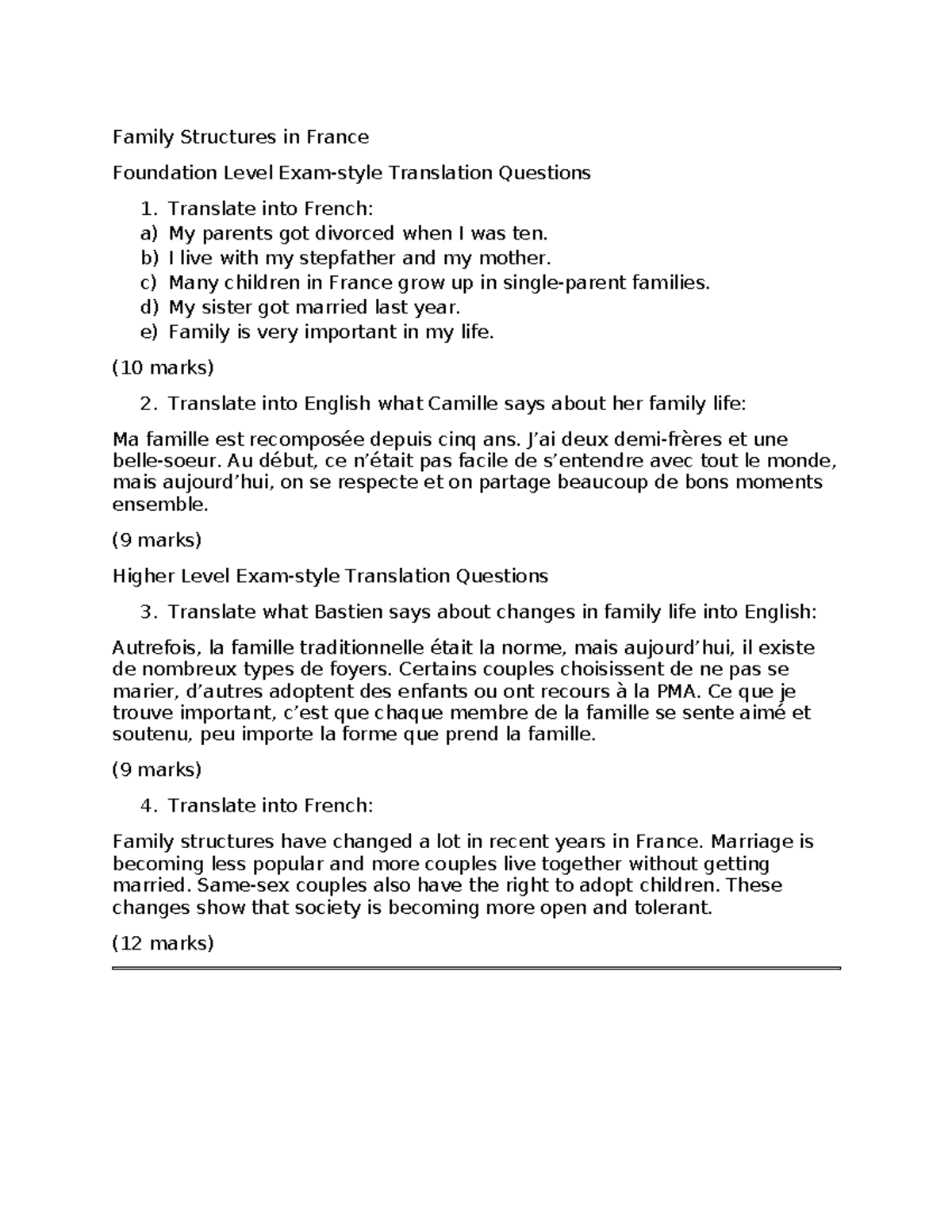 03 19 Family Structures: Exam-style Translation Questions - Studocu