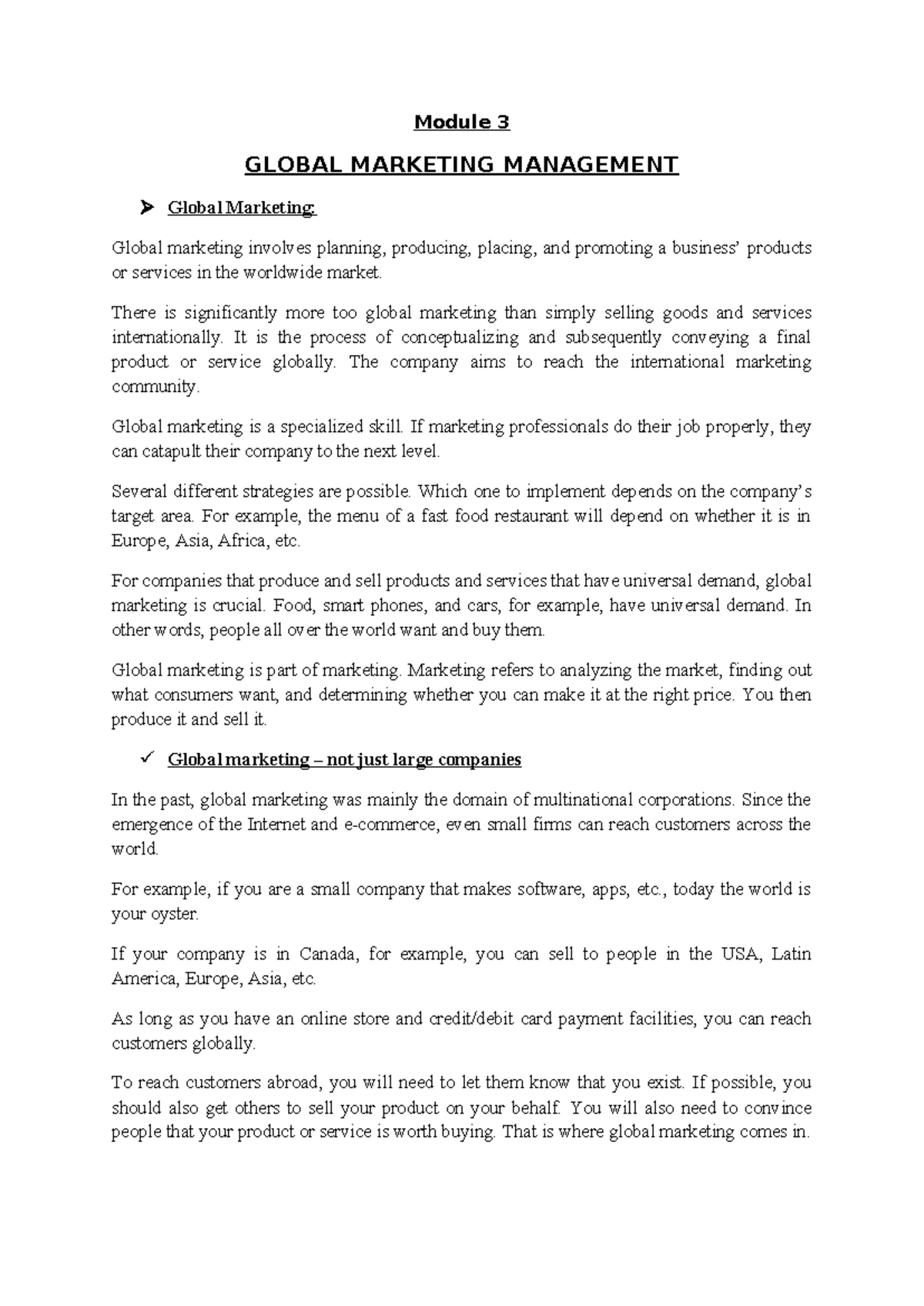Module 3: Global Marketing Management Overview and Strategies - Studocu