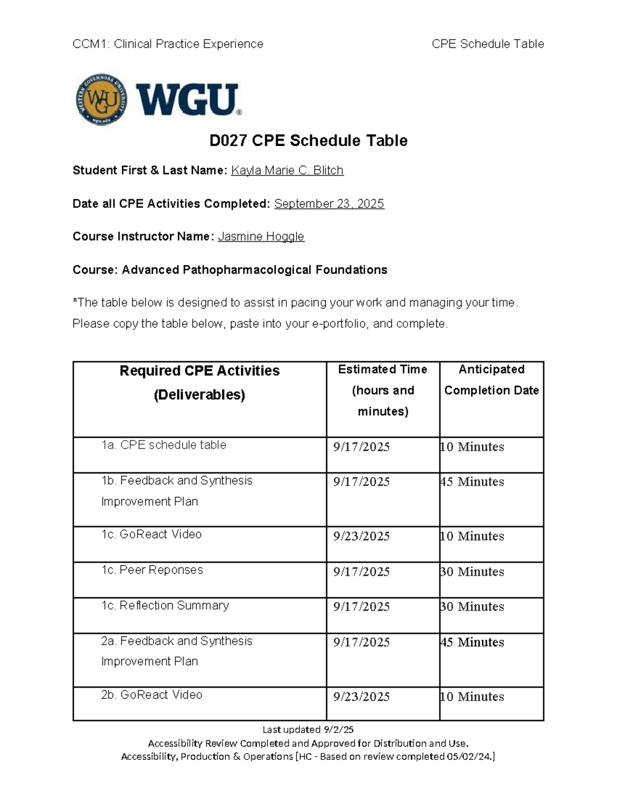CCM1: CPE Schedule Table for Clinical Practice Experience - Studocu