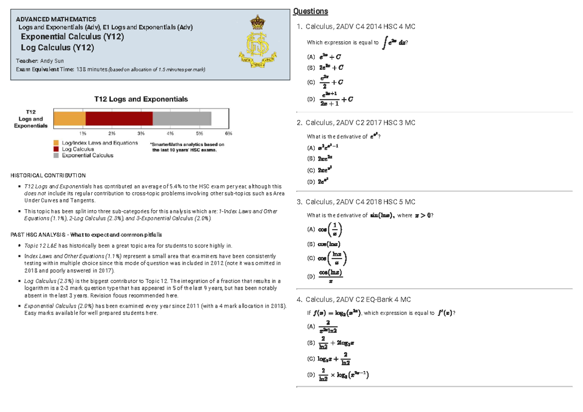 ADVANCED MATHEMATICS E1 Logs and Exponentials (Adv) Exam Review - Studocu
