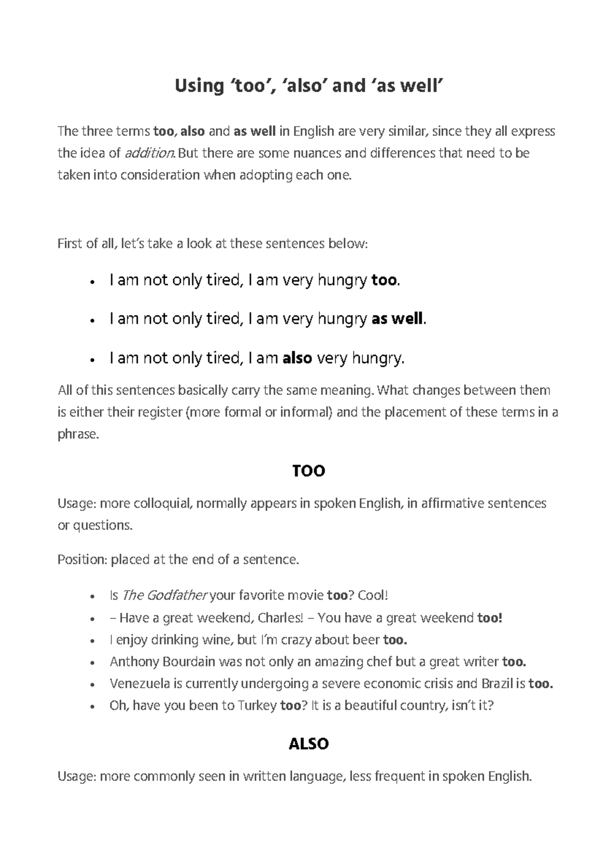 TOO, ALSO, AS WELL - Correct Usage in English Grammar - Studocu