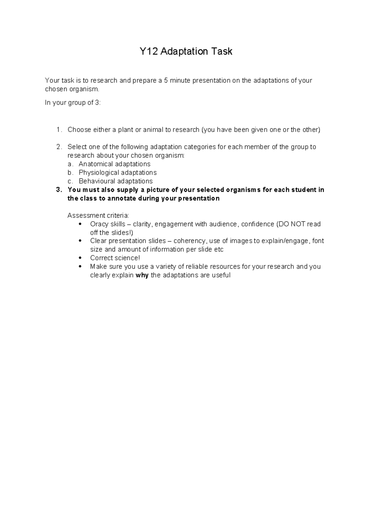 Y12 Adaptation Task: Researching Organism Adaptations for Presentation ...