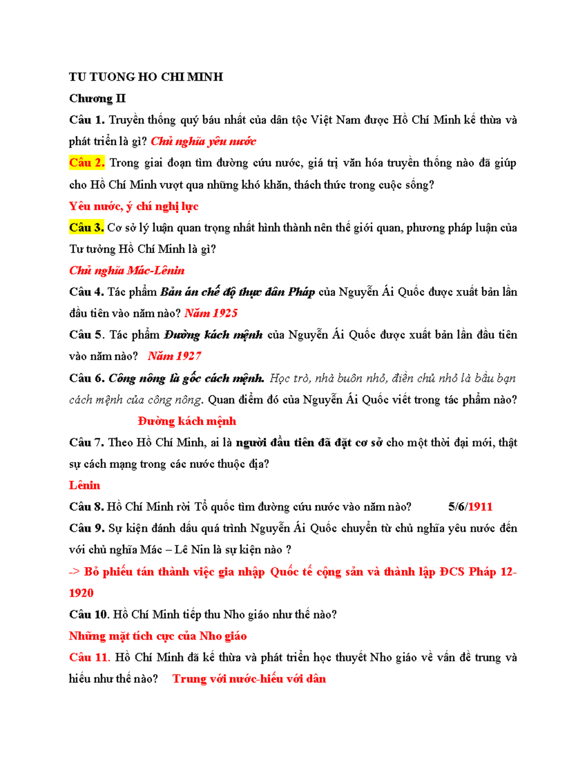 Đề cương Tư tưởng Hồ Chí Minh - Mã khóa 23456 - Document Preview