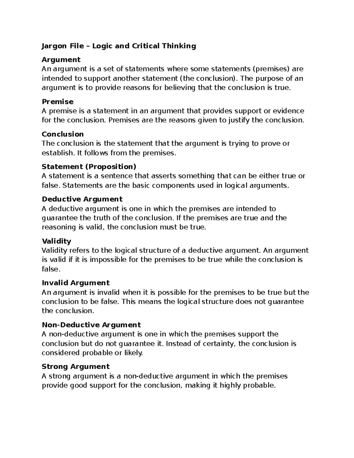 Logic and Critical Thinking: Understanding Arguments and Validity - Studocu