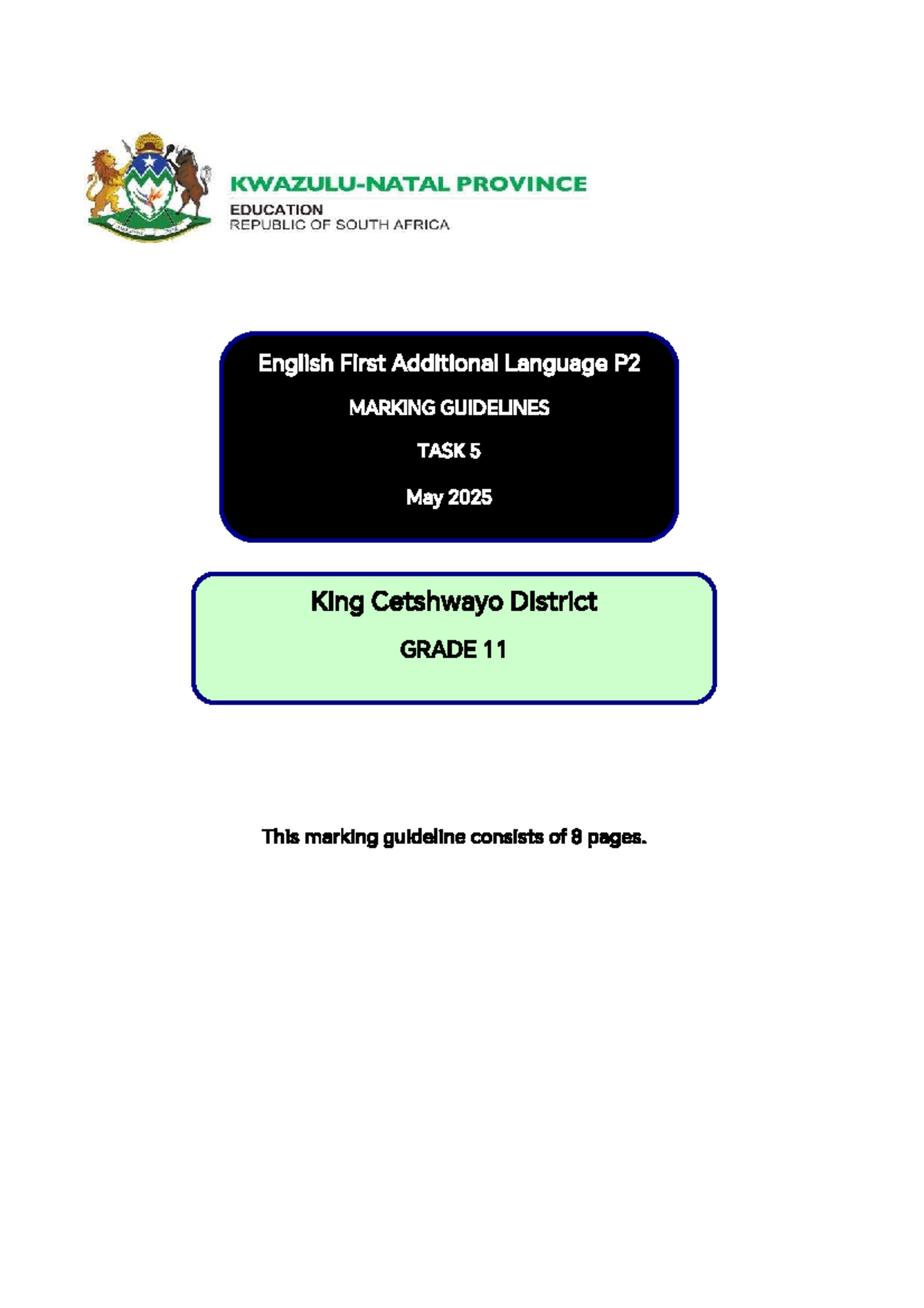 English First Additional Language P2 Marking Guidelines - Task 5 (Grade ...