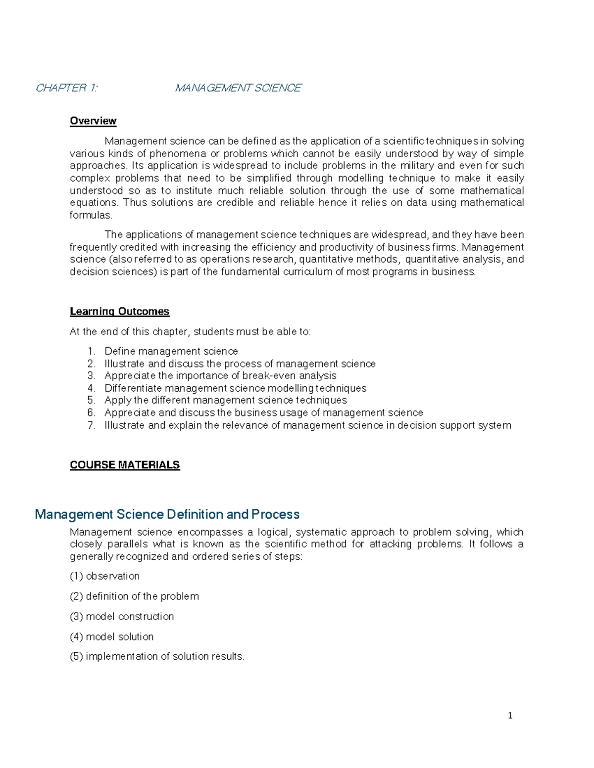 Management Science Overview: Key Concepts and Techniques (Chapter 1 ...
