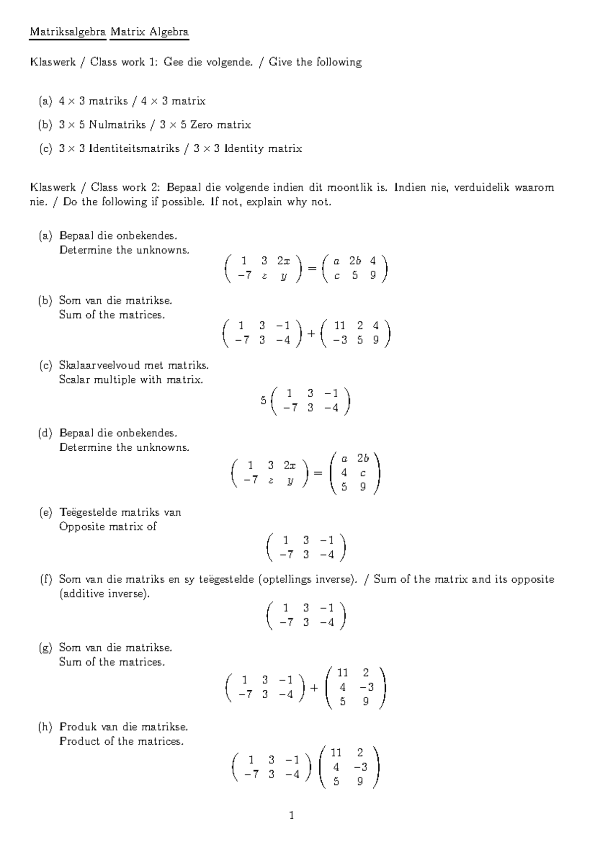 MTHS121 Class Work: Matrix Algebra Exercises and Solutions - Studocu