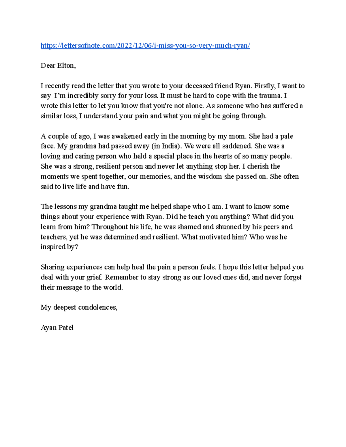 Response to Assignment: Coping with Loss and Grief - Studocu