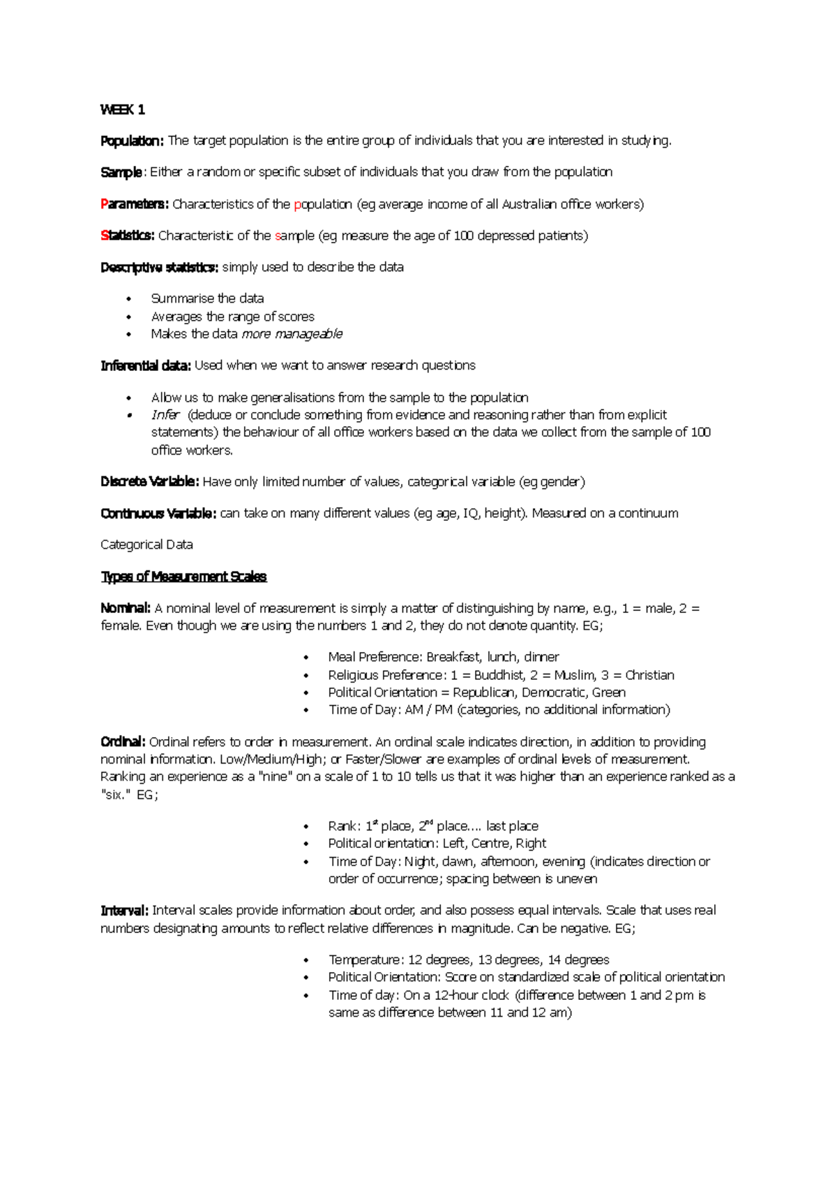 Week 1 - Lecture notes Week 1 notes - WEEK 1 Population: The target ...