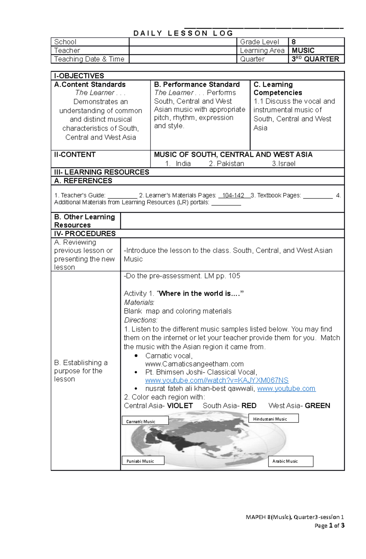 lesson plan in mapeh 8 - ________________________________________ D A I ...