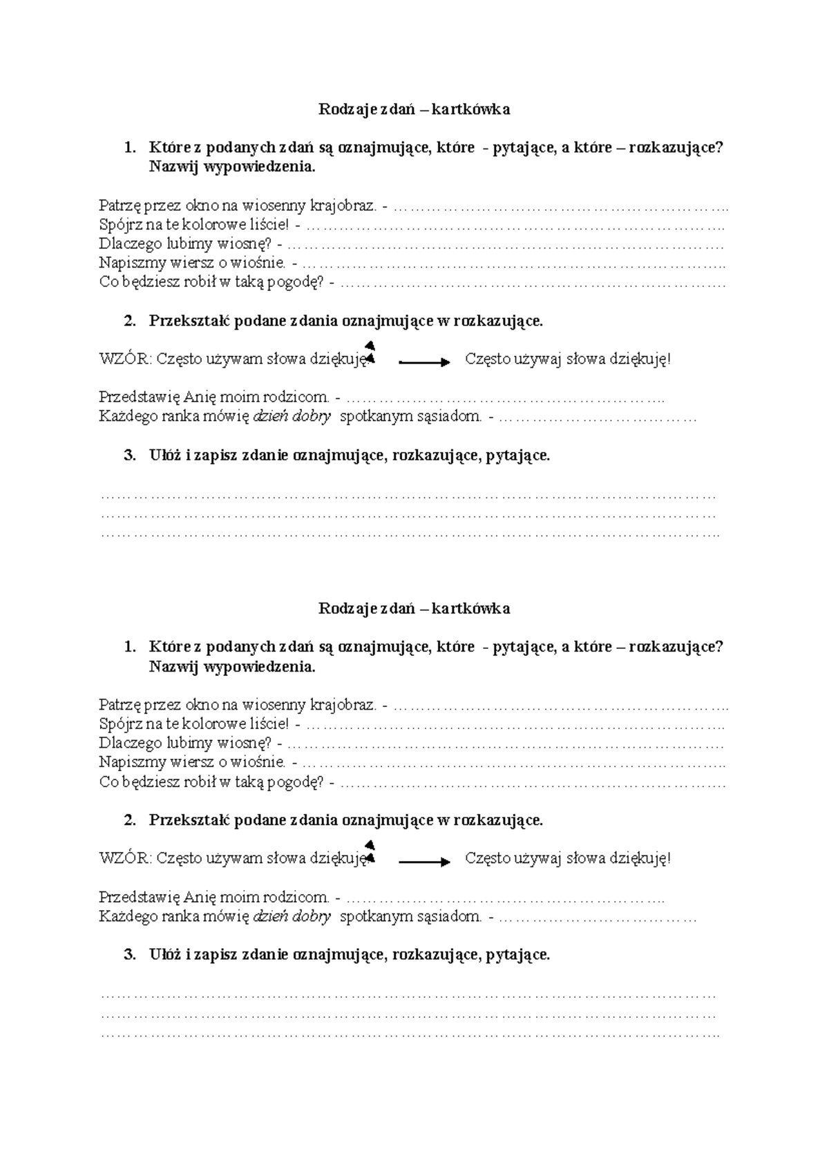 Rodzaje Zdań – Kartkówka 1: Zdań Oznajmujące, Pytające, Rozkazujące