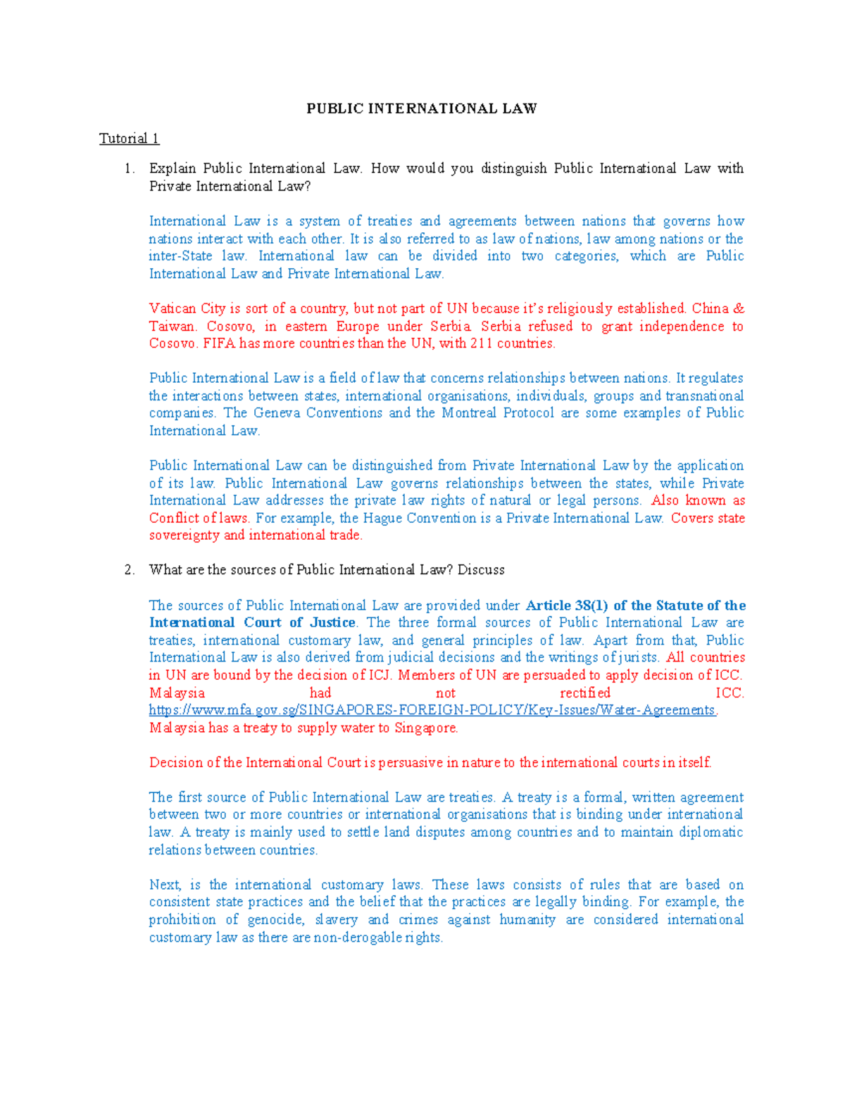 Tutorial 1 - PUBLIC INTERNATIONAL LAW Tutorial 1 1. Explain Public ...
