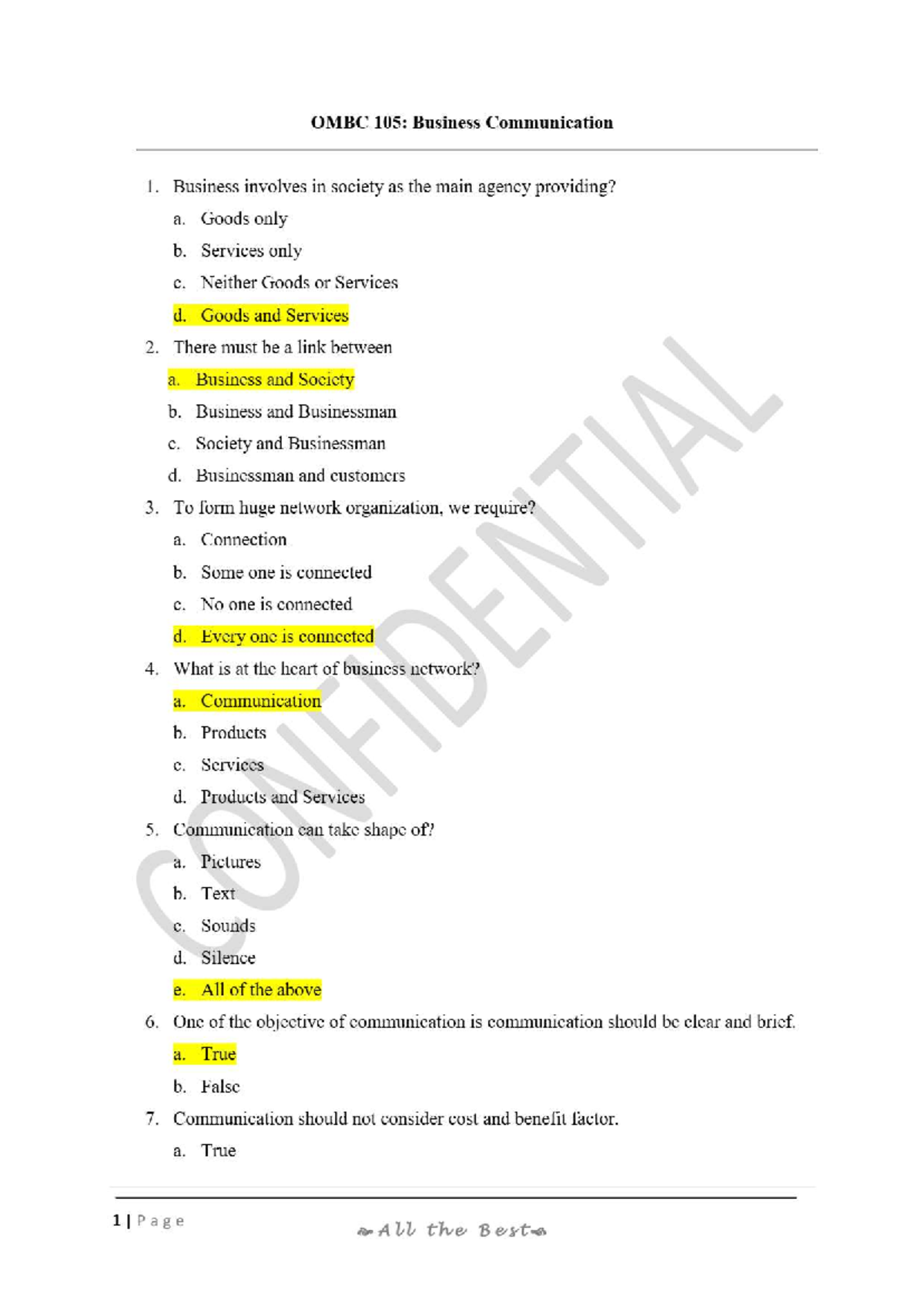 OMBC 105: Business Communication - Multiple Choice Question Set - Studocu