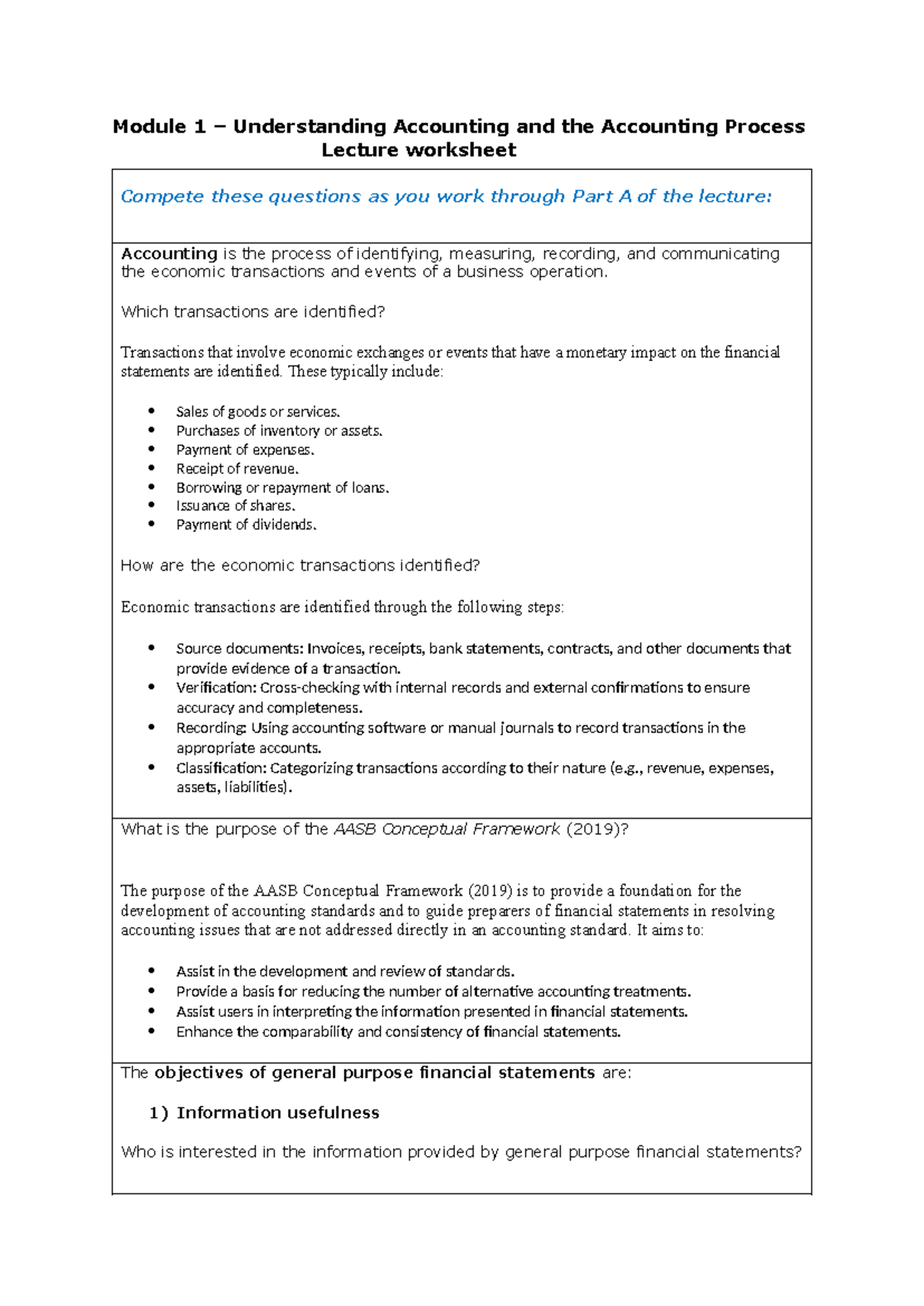 Module 1 Part A Lecture worksheet 2024 - Module 1 – Understanding ...