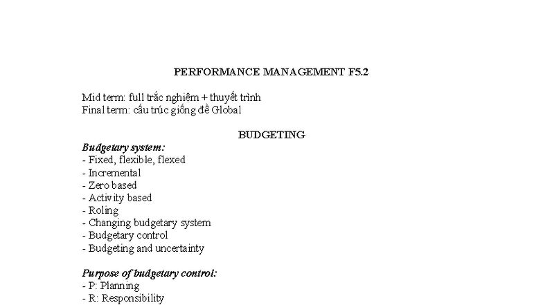 Performance Management F5 Midterm: Comprehensive Study Notes - Studocu