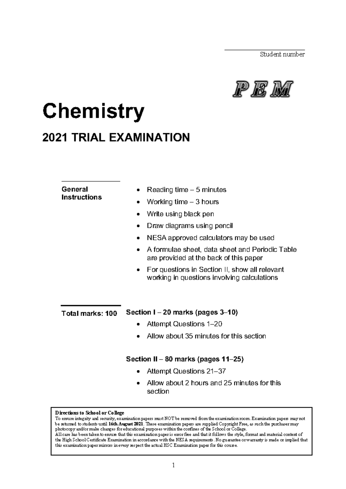 PEM 2021 Chemistry Trial HSC Exam Paper & Marking Guidelines - Studocu