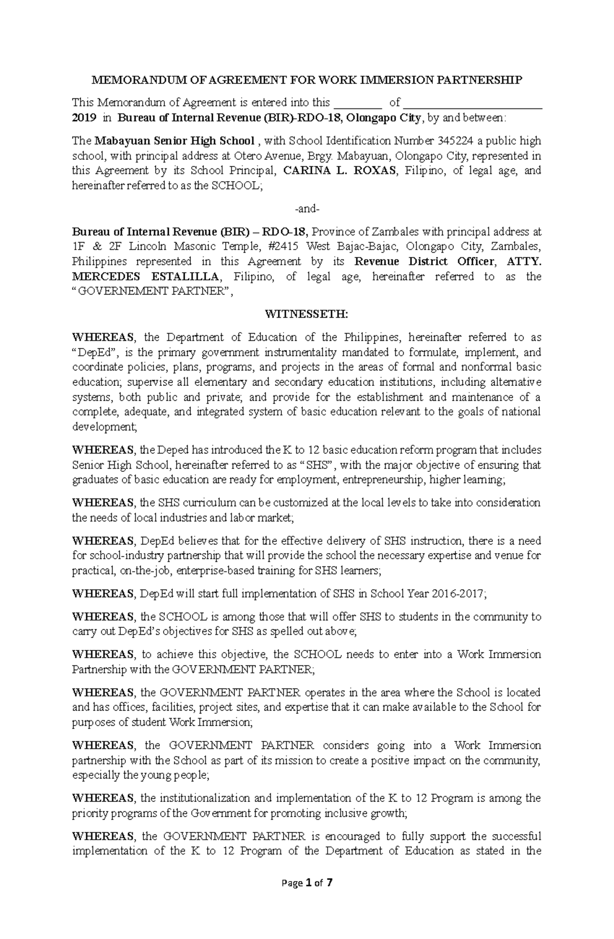 MOA-BIR - Work Immersion Partnership Agreement for SHS 2019-2020 - Studocu