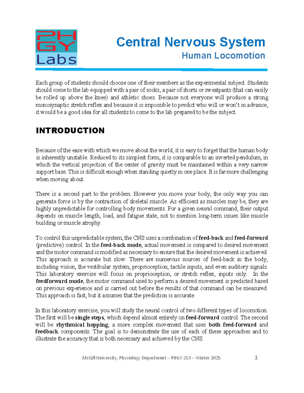 CNS Lab Manual: Human Locomotion & Proprioception Study (PHGY 213 ...