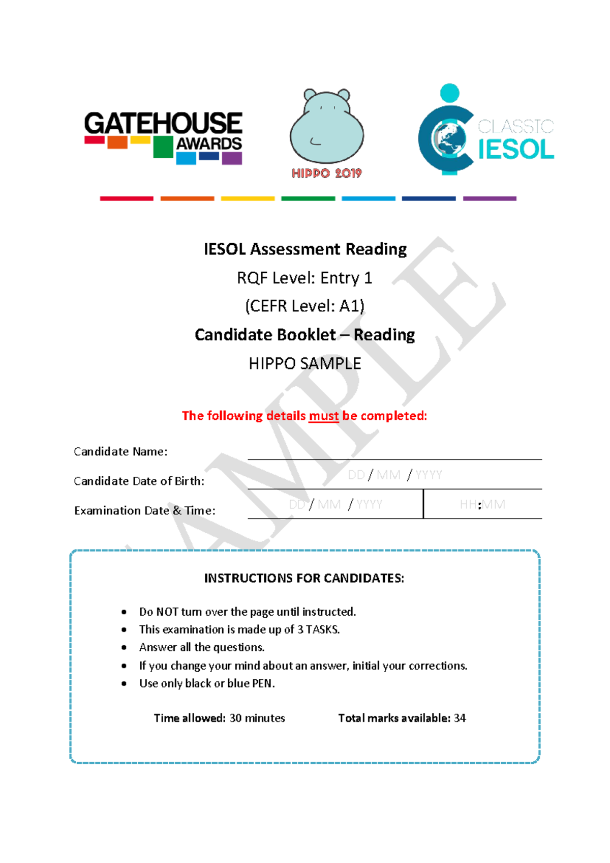 GA Classic Iesol A1 (E1) Candidate Booklet Reading Hippo Sample - IESOL ...
