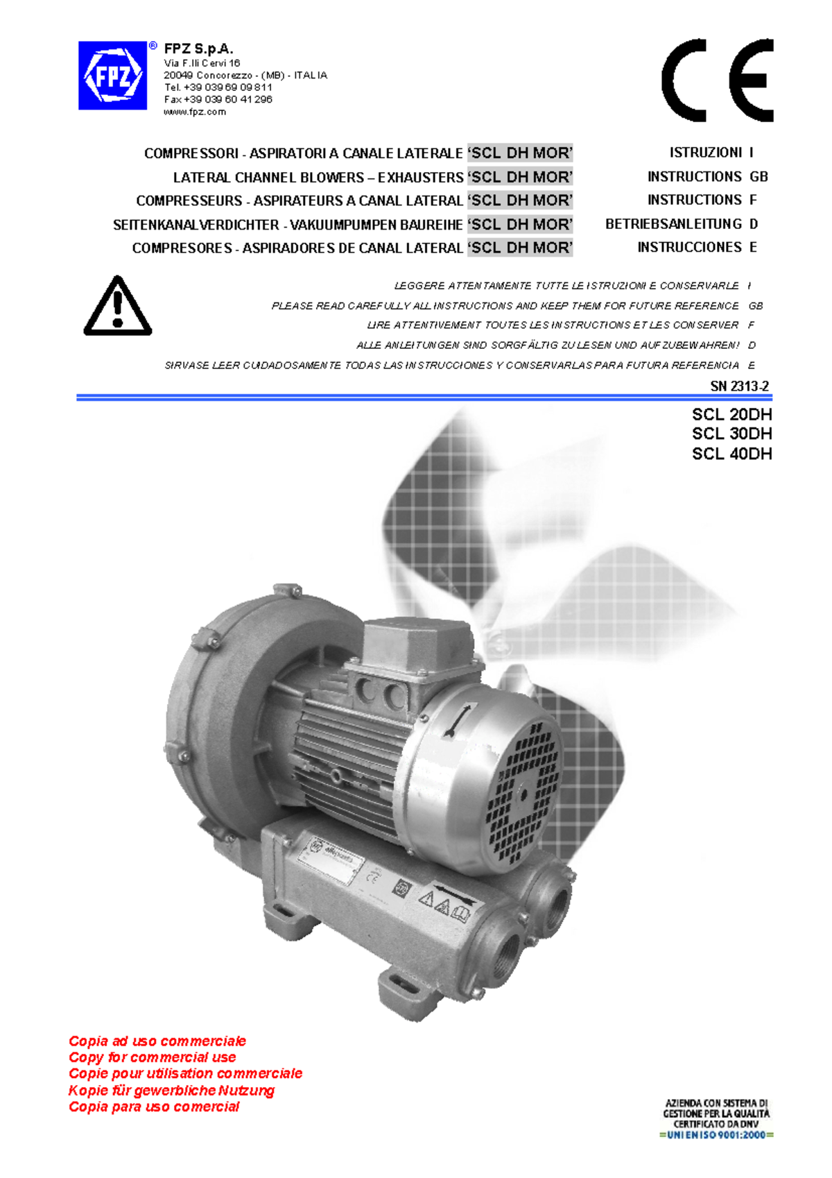 FPZ S.p.A. SCL Lateral Channel Blowers Instructions Manual - Studocu