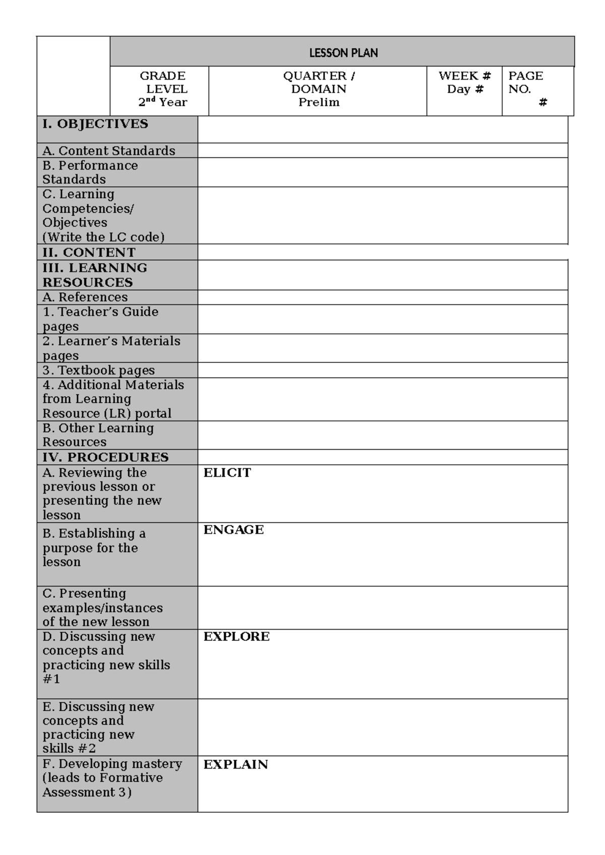 Lesson Plan Format - LESSON PLAN GRADE LEVEL 2 nd Year QUARTER / DOMAIN ...