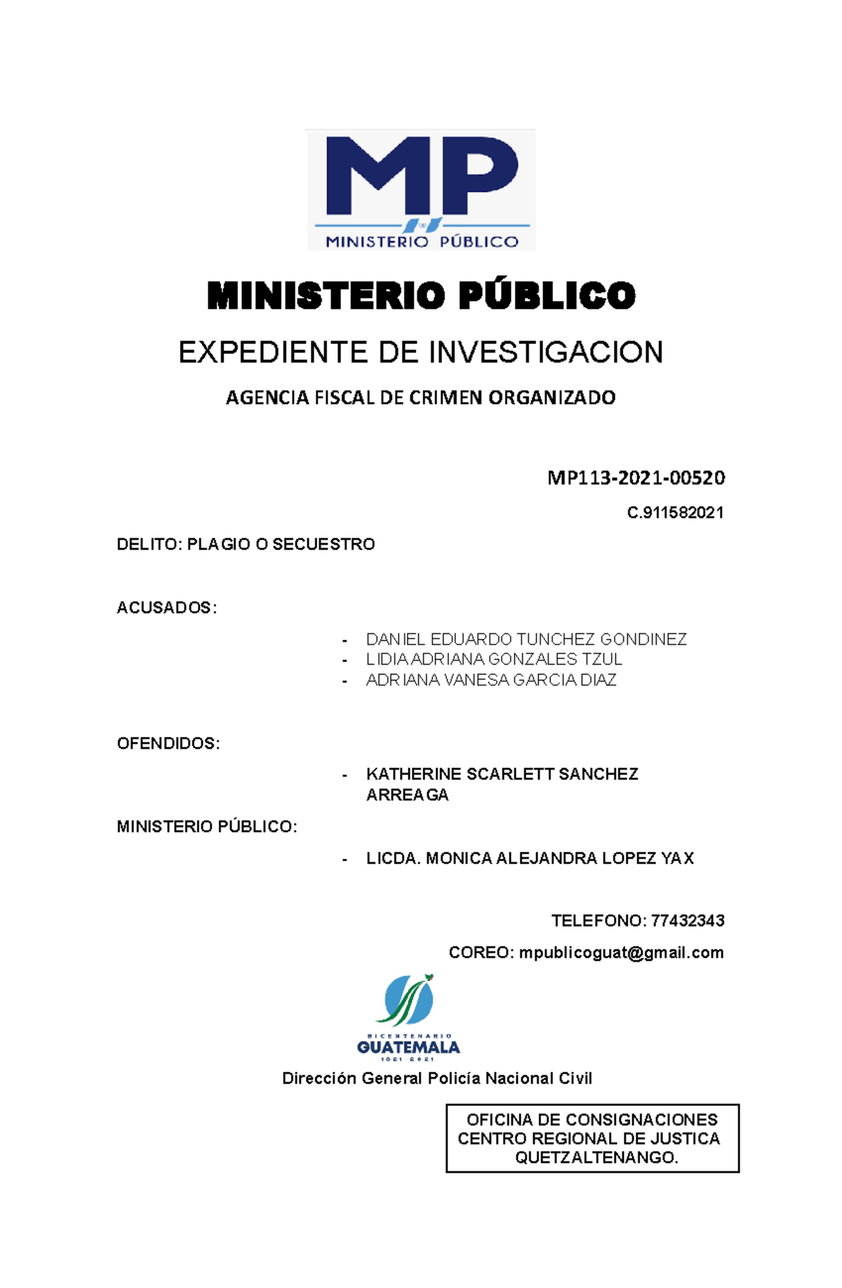 Expediente de Investigación MP113-2021 sobre Plagio y Secuestro - Document Preview
