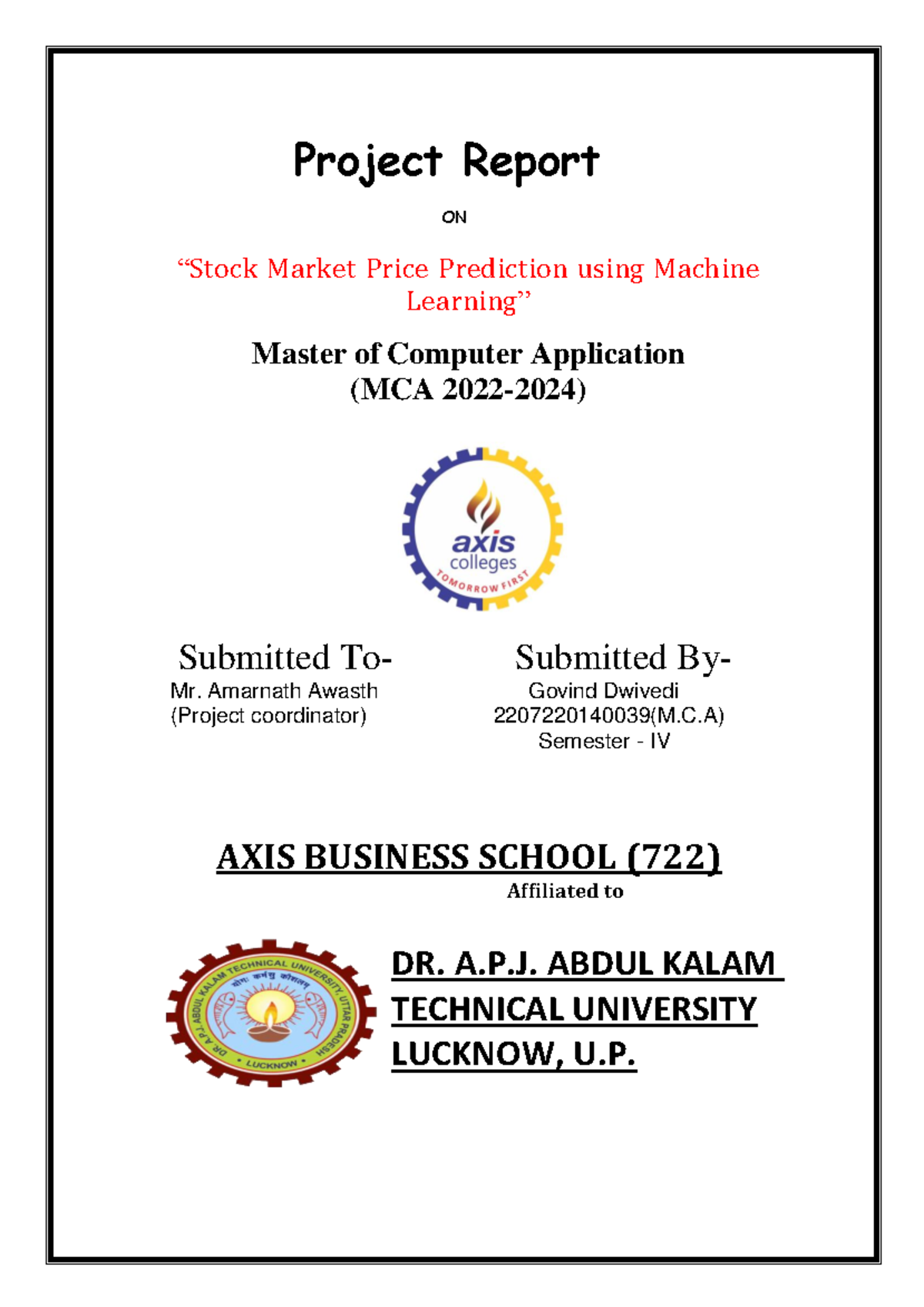 MCA Project Report: Stock Market Price Prediction Using ML (2022-2024 ...
