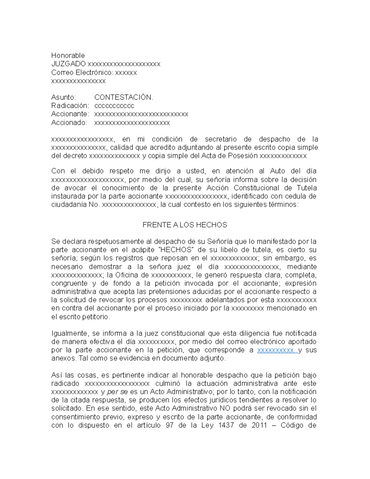Contestación a la Acción Constitucional de Tutela - JUZGADO - Studocu