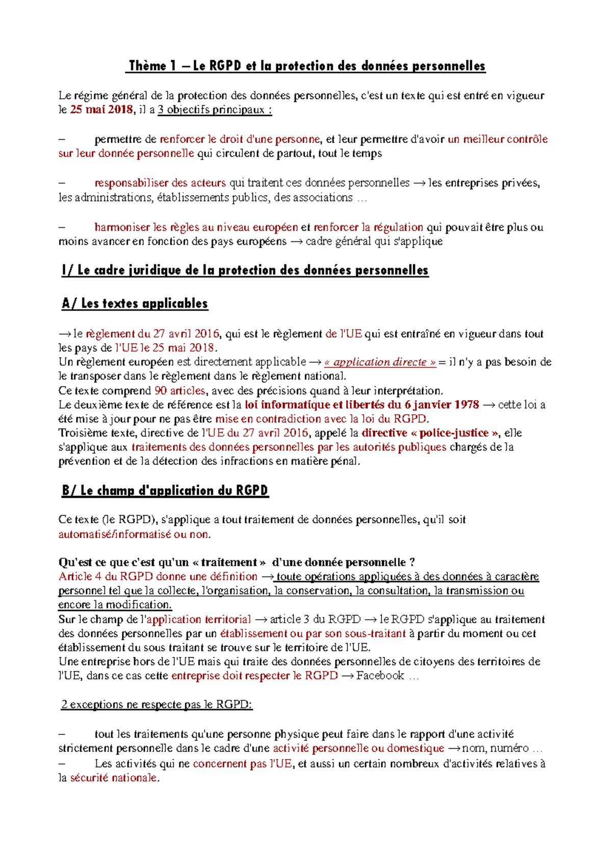 RGPD et Protection des Données Personnelles - Thème 1 Cours - Studocu