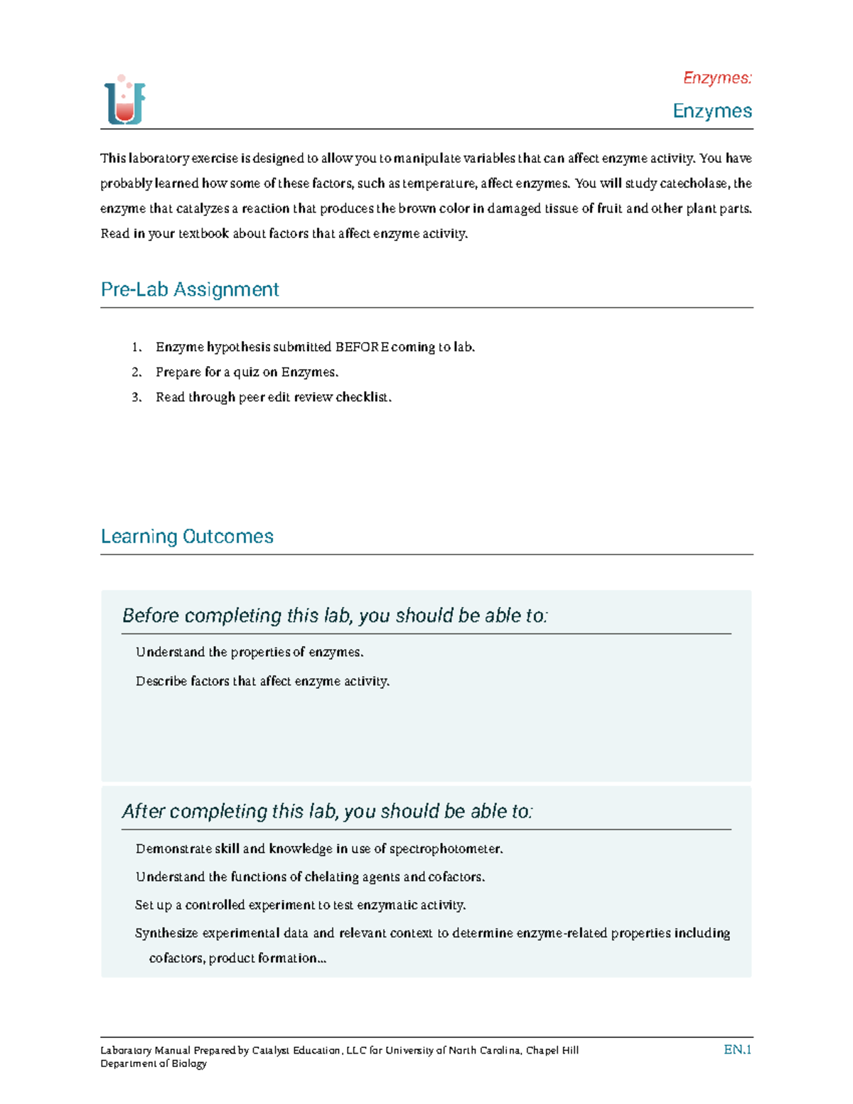EN.101: Enzyme Activity & Manipulation Lab Manual for Experimentation ...